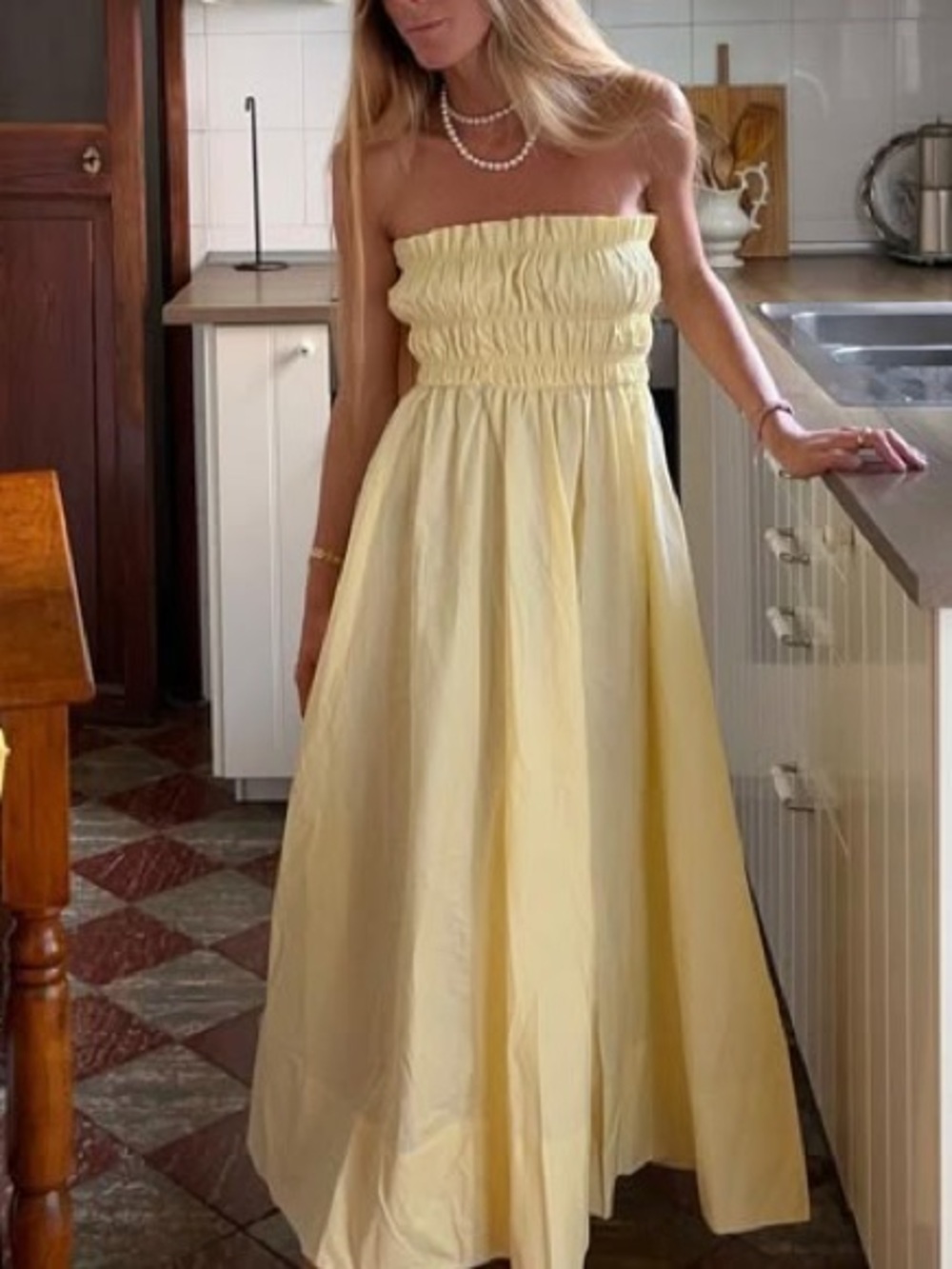VRG GRL Strapless Yellow Shirred Maxi Dress